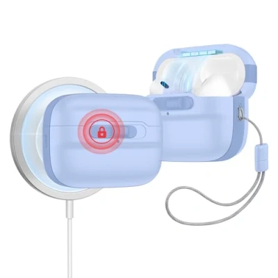 Afbeelding van ESR Beschermhoes voor AirPods Pro 2, hoes compatibel met 2e/1e generatie (2023/2022/2019), MagSafe geactiveerd, magneetsluiting, valbescherming koord, pulse serie, lichtblauw