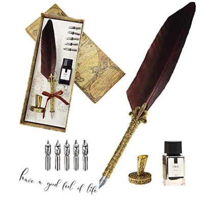 Afbeelding van theFIU. Quill Pen, handgemaakte Pen en Inkt Set, Antieke Dip Feather Set Kalligrafie Schrijven met Houder Gift (Bruin)