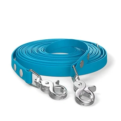 Afbeelding van 10m sleeplijn, hondenriem, 2 karabijnhaken &amp; D ring, cyaan blauw, zeer stevig, vuil en waterafstotend