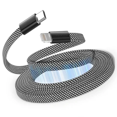 Afbeelding van Magtame Magnetische USB C naar Lightning kabel voor telefoon, 1,5 m, gecoiled oplaadkabel, snel opladen, MFi gecertificeerd, platte intrekbare kabel, gevlochten, compatibel met iPhone 14, 13, 12, 11