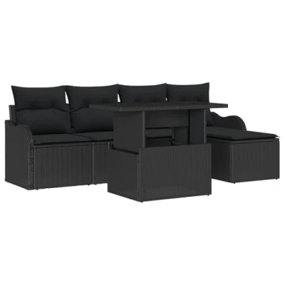 Afbeelding van vidaXL 6 delige tuinsofa set met kussens zwart poly rattan, 2 zits opslag &amp; rattan