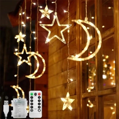 Afbeelding van Jsdoin LED lichtslingers 3,5 m Star Moon gordijnverlichting met 8 knipperende modi, decoratie voor Kerstmis, bruiloft, feest, thuis, terras, ramadan, gazon, USB/batterij aangedreven (B warm wit)