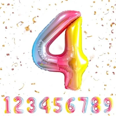 Afbeelding van Ballonnen verjaardag 4 jaar regenboog 101 cm ballon cijfer decoratie 4e vlinderdas met helium