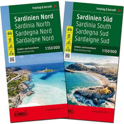 Afbeelding van Sardinien, Straßenkarten Set 1:150.000, freytag &amp; berndt: 2 Blätter in Kunststoff Hülle mit Infoguide und Top Tips, Radwege, Cagliari: AK 0633