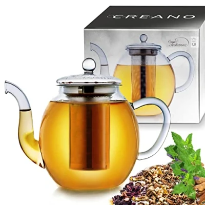 Afbeelding van Creano glazen theepot 1.5l 3 delige met geïntegreerde roestvrijstalen zeef en deksel, ideaal voor het bereiden van losse thee, druppelvrij, alles in één