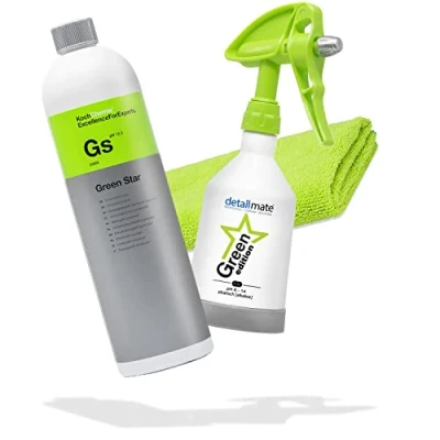 Afbeelding van detailmate Green Star set: Koch Chemie GreenStar universele reiniger van 1l, voor de auto, industrie, werkplaats, KWAZAR Mercury spuitfles Edition 0,5 l, geschikt pH 8 14, met microvezeldoek en handschoenen.