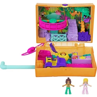 Afbeelding van Polly Pocket Compacte speelkoffer Junglesafari met leuke ontdekkingen, micropoppen en Shani, 2 luiaards stickervel, voor kinderen vanaf 4 jaar, GKJ53