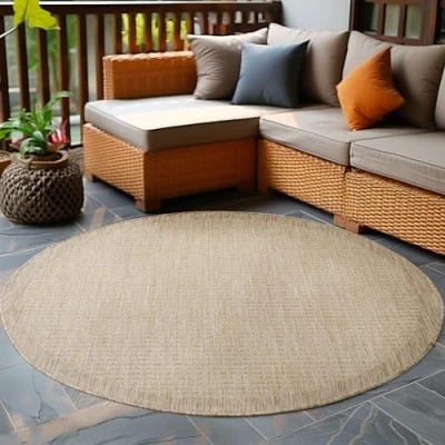 Afbeelding van Carpetsale24 Buitentapijt Weerbestendig Platgeweven Keukentapijt Balkon Tuin Patio Tapijt Beige 160 cm Ronde