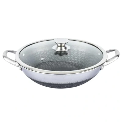 Afbeelding van 4BIG.fun Wok braadpan van roestvrij staal, 32 cm, anti aanbaklaag, honingraatstructuur, wokpan met glazen deksel, Asia stoofpan, ovenbestendig, inductie