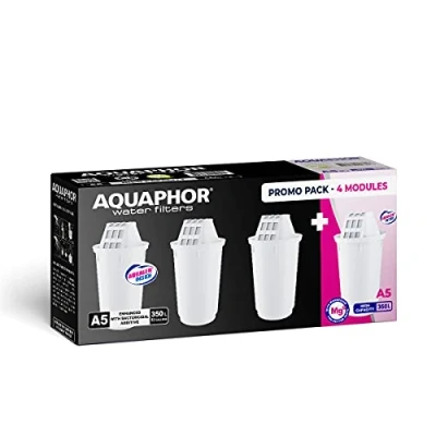 Afbeelding van AQUAPHOR 4 x waterfilterpatronen (3X A5 plus 1x magnesium). Compatibel met Arctic, Prestige, Provence filterkannen 350 liter capaciteit. AQUALEN TM technologie.