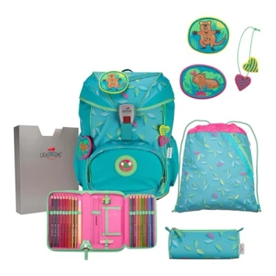 Afbeelding van DerDieDas Schooltas ErgoFlex Exklusiv Superflash Schulranzenset 5 delig Paradise Turquoise