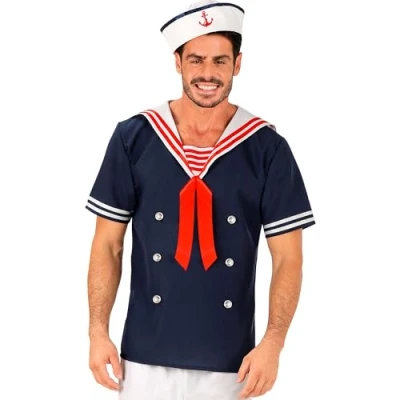 Afbeelding van Widmann Kapitein &amp; Matroos Zeeman Kostuum Mattie Man Blauw, Wit / Beige XL Carnavalskleding Verkleedkleding