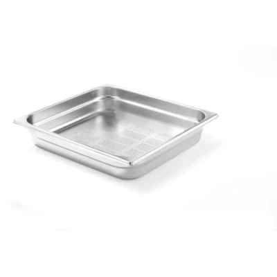 Afbeelding van HENDI Gastronorm container, temperatuurbestendig van 40 tot 300C, geschikt voor ovens, bain marie en vriezers, chafing dishes, geperforeerde bodem, 5.5L, GN 2/3, 354x325x(H)65mm, roestvast staal