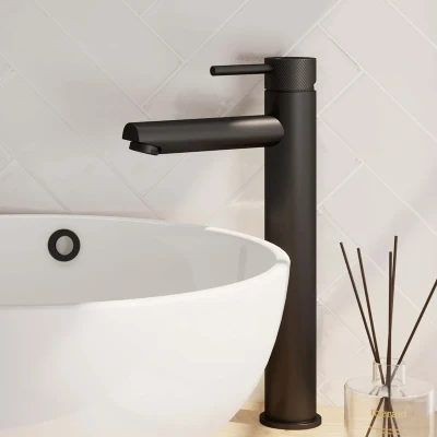 Afbeelding van Brauer Black carving Wastafelmengkraan opbouw hoog hendel lang smal mat zwart