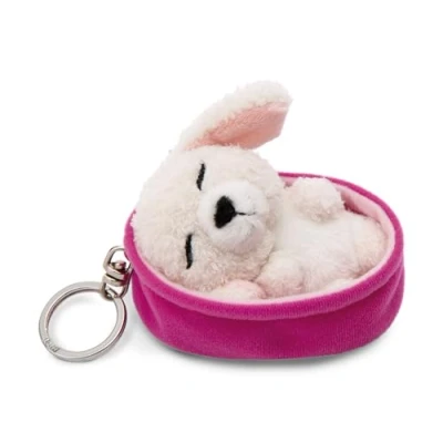 Afbeelding van sleutelhanger Sleeping Pets Hond Poedel wit 8cm mand malve Duurzame metgezel knuffeldierhanger met sleutelring voor sleutelkoord, tas, rugzak en meer