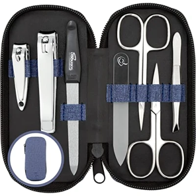 Afbeelding van marQus manicureset dames en heren Solingen Made in Germany 7 delig met gepatenteerde glasvijl voor hand voetverzorging kunstlederen etui jeanslook