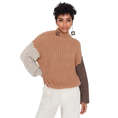 Afbeelding van Trendyol Vrouwen Standaard mouw Basis Camel gebreide trui met brede pasvorm, zachte structuur en kleurenblokken TWOAW21KZ0271