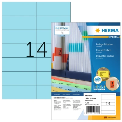 Afbeelding van HERMA 4558 Gekleurde etiketten A4 (105 x 42,3 mm, 100 velles, papier, mat) zelfklevend, bedrukbaar, permanent Kleurige etiketten, 1.400 voor printer, blauw