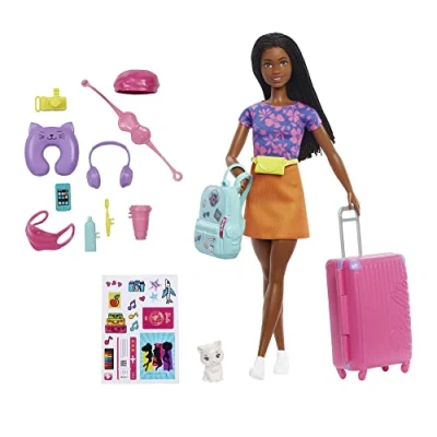 Afbeelding van Barbie pop en accessoires, &#039;Brooklyn&#039; Roberts met katje, 10+ reisaccessoires stickervel, Leven in de stad HGX55