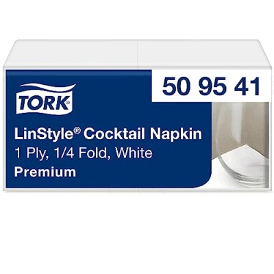 Afbeelding van Tork LinStyle Cocktailservet Wit, 1/4 Gevouwen, Stevig, 24 x cm,100 servetten, 509541