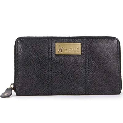Afbeelding van Catwalk Collection Dames Luxe Grote Organiser Portemonnee met Ritssluiting en Geschenk Doos Kwaliteit Echt Leer RFID Protectie Creditcard munten vak GALLERY Zwart