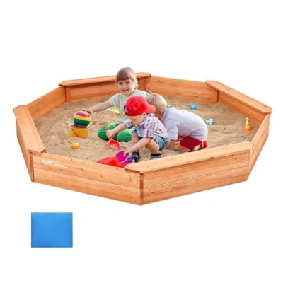 Afbeelding van VEVOR Houten zandbak met afdekking, 192 x 23 cm achthoekige zandbak, 4 zitplaatsen en bodemvoering, kinderzandbak voor buiten, achtertuin, strand, park, cadeau jongens