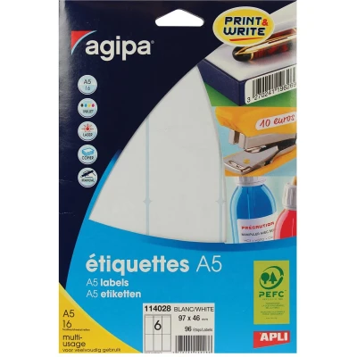 Afbeelding van Agipa Witte Etiketten Print &amp; Write Ft 97 X 46 Mm (b H), 96 Stuks, 6 Per Blad Etiket