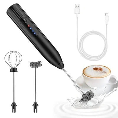 Afbeelding van elektrische melkopschuimer, USB oplaadbaar, garde, 3 instelbare snelheden, roestvrij staal, voor koffie, cappuccino, latte, warme chocolademelk, zwart