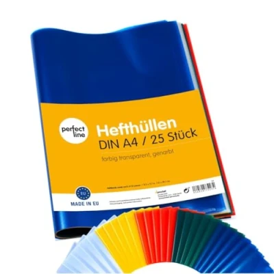 Afbeelding van perfect line 25 notitieboekomslagen DIN A4, gekleurd, generfd, 5 kleuren, recyclebaar PP, Made in Europe