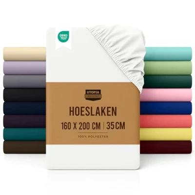 Afbeelding van Utopia Bedding Hoeslaken, 35 cm Diepe, Eenvoudig onderhoud Zachte Geborstelde Microvezel Stof, Krimp en Vervaagt Bestendig (160 x 200 cm, Wit)