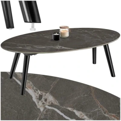 Afbeelding van tectake® Salontafel Woonkamertafel, ovale tafel met houten poten Marmerlook Weerbestendige bijzettafel binnen of buiten Voor terras balkon Zwart
