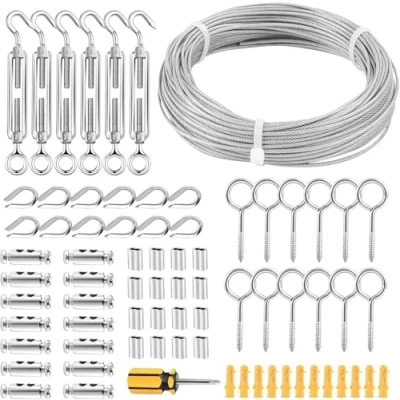 Afbeelding van FSHIHINE Tuin Draad Spanschroef Draadspanner Kit met Draadkabel 30M (2mm), 304 RVS Kabel Railing Kit, Foto Opknoping Draad/Draad Hek/Bovenleiding voor Decking Klimmen Planten