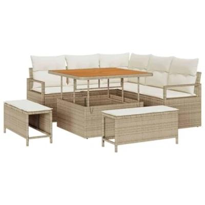 Afbeelding van vidaXL 8 delige tuinzetel set met kussens in beige poly riet en acacia