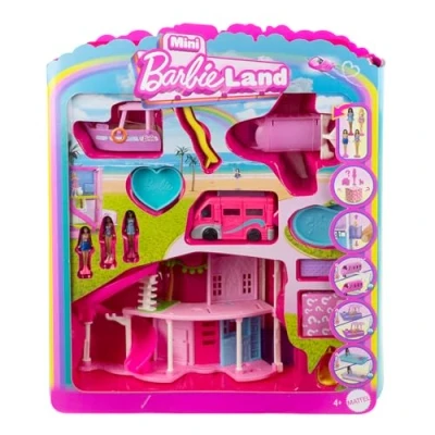 Afbeelding van Barbie Mini BarbieLand Droomhuis en speelset met 3 voertuigen, 4 poppen van cm, poppenhuismeubels accessoires, inclusief Droomcamper, Droomboot Droomvliegtuig, JDB86