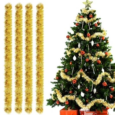 Afbeelding van Kerstslingers, 4 stuks lametta kerstboom, 3 m lamettaslinger, slinger, Kerstmis, kerstdecoratie, voor kerstfeest, verjaardagsfeestdecoratie (goud)