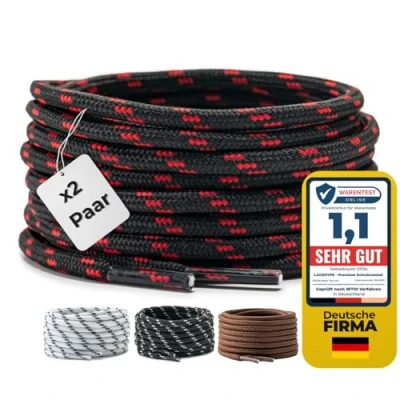 Afbeelding van LaceHype 2 paar premium ronde veters, diameter 4,5 mm, voor werkschoenen, laarzen, outdoorschoenen en sportschoenen, scheurbestendige schoenveters, vervangende schoenveters van polyester, zwart/rood, 150 cm
