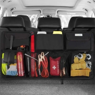 Afbeelding van COOFULL Kofferbak Organizer Super Capaciteit Auto Hangtas met 7 Vergrote Zakken, 2 Lange Magic Stick, Boot Nette Opbergtas, Zwart