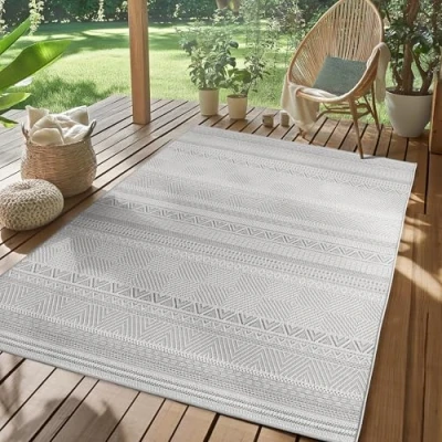 Afbeelding van SIMPEX Buiten Vloerkleed grijs 200x290 cm, weerbestendig en UV bestendig, ideaal voor de keuken, balkon, terras, evenals woonkamer eetkamer, Scandinavisch boho design