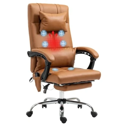 Afbeelding van Vinsetto bureaustoel met massagefunctie, ergonomische ligfunctie, hoofdkussen, in hoogte verstelbaar, managersstoel voetensteun, verwarmingsfunctie, bruin