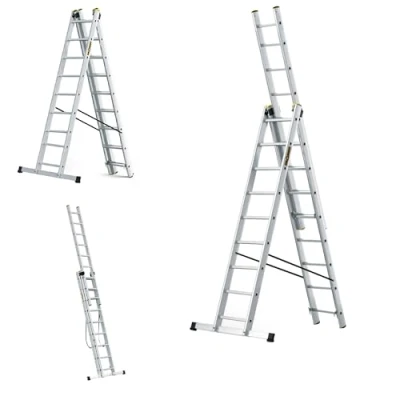 Afbeelding van DRABEST Ladder PRO Serie Aluminium 3 delige 3x9 Treden Multifunctionele Combinatie tot 150 kg draagvermogen Werkhoogte 5,83 m incl. emmerhaak