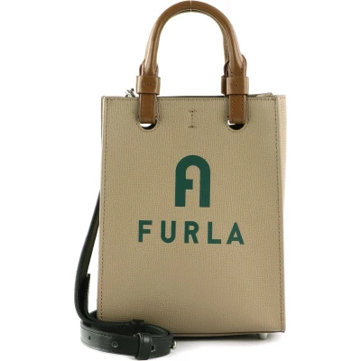 Afbeelding van FURLA Leren Handtas Schoudertas Varsity Style Mini Tote Greige + Jasper Lichtbruin