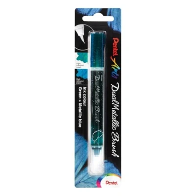 Afbeelding van Pentel XGFH DDX Dual Metallic Brush penseelstift gevuld met afhankelijk van de papierkleur, veranderende glitterinkt, nylonvezels, fijne tot brede lijn, groen/metallic blauw, 1 stuk op blisterkaart