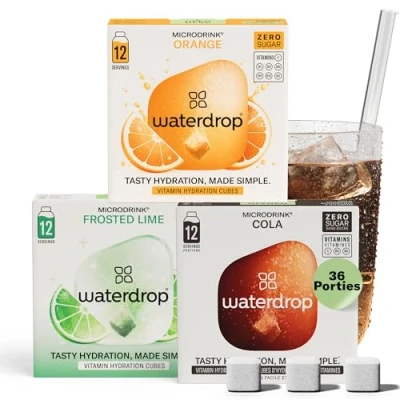 Afbeelding van waterdrop® Klassiek Frisdrank Set COLA, SINAASAPPEL &amp; CITROEN LIMOEN 36 Suikervrije hydratatieblokjes voor water Met smaak natuurlijke fruit en plantenextracten extra vitamines