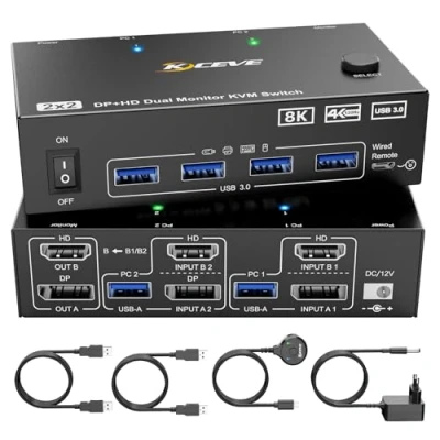 Afbeelding van 8K KVM Switch 2 PC monitoren @60Hz 4K @144Hz Display Port HDMI Dual Monitor voor Share en 4 USB 3.0 apparaten, kabelafstandsbediening, 12V voeding kabel