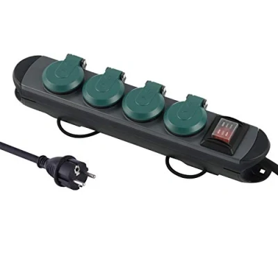 Afbeelding van Electraline 62185 Professionele stekkerdoos voor buiten, 4 geaarde stopcontacten met IP44 stekker, 1,8 m rubberen kabel H07RN F 3G1.5, zwart/groen