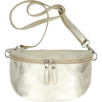 Afbeelding van Licht Gouden Metallic Leren Heuptas Dubbele Ritsen Crossbody Tassen Zilver Beslag Goud