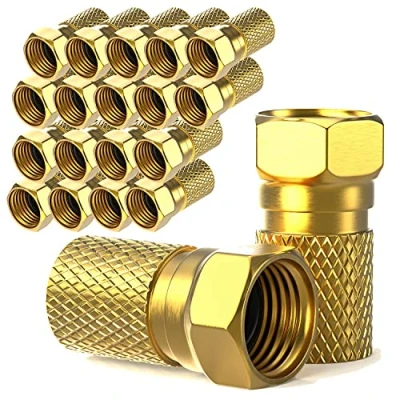 Afbeelding van F stekker 7 mm schroefbaar, 20 stuks, verguld, rubberen afdichting, brede moer, voor coaxiale antennekabel, coax SAT kabel, BK systemen, satelliet LNB (20x, verguld)