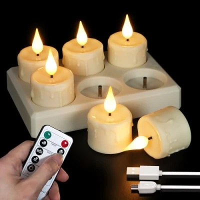 Afbeelding van FREEPOWER 6 led theelichtjes oplaadbaar met laadstation en USB kabel, elektrische kaarsen flikkeren afstandsbediening, timer, dimbaar, warmwit, diameter 4 x 5,5 cm