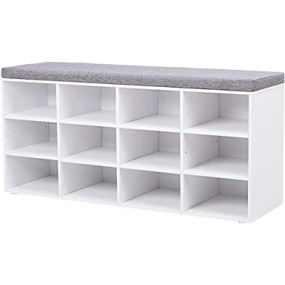 Afbeelding van VASAGLE LHS012W14 Schoenenbank, zitbank, schoenenrek met zitvlak, kussen en 12 vakken, opbergrek voor de hal, houdt tot 136 kg, wolkenwit duifgrijs