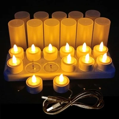 Afbeelding van QSPORTPEAK 12 Oplaadbare led theelichtjes met laadstation, kaarsen, kopjes,USB kabel en kaarsenglazen,flikkeren, warm wit voor thuis, bruiloft, Halloween, Thanksgiving kerstdecoraties